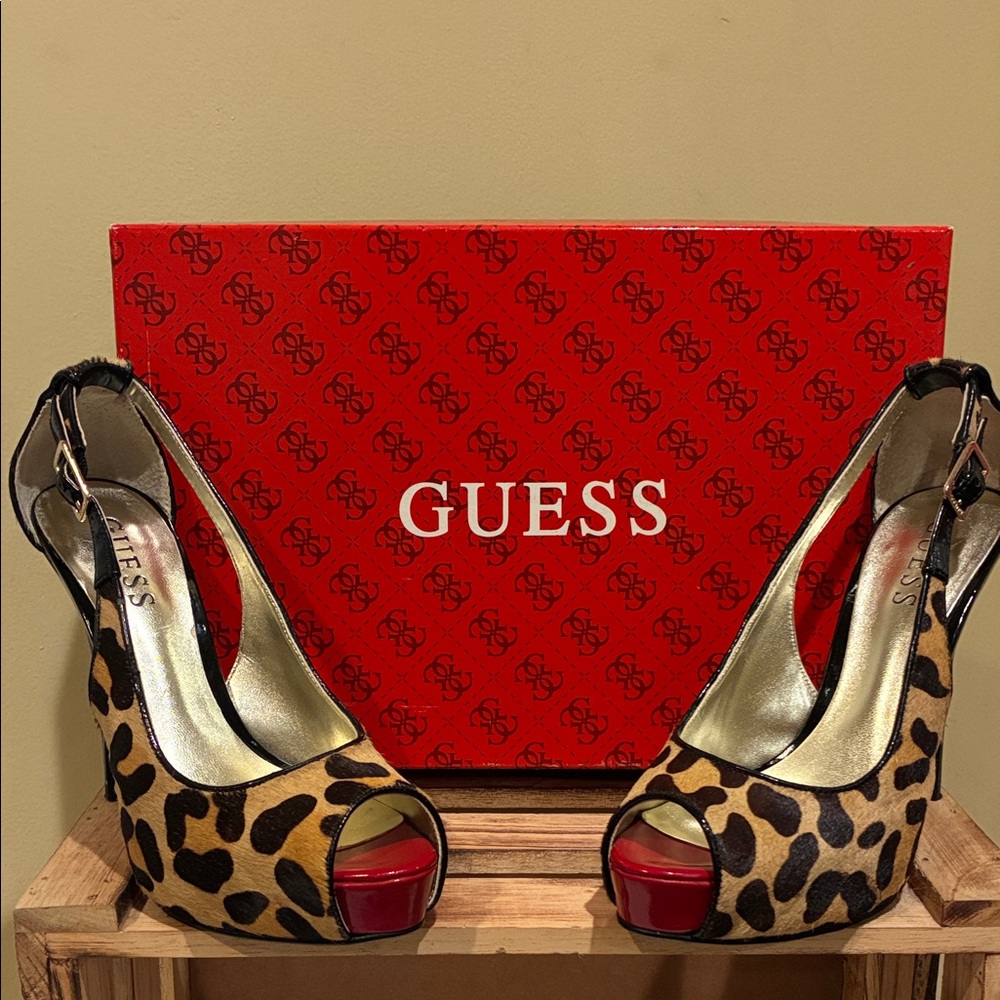 Guess Leopard Print Peep Toe Heels - Red and Tan - Picture 9 of 9
